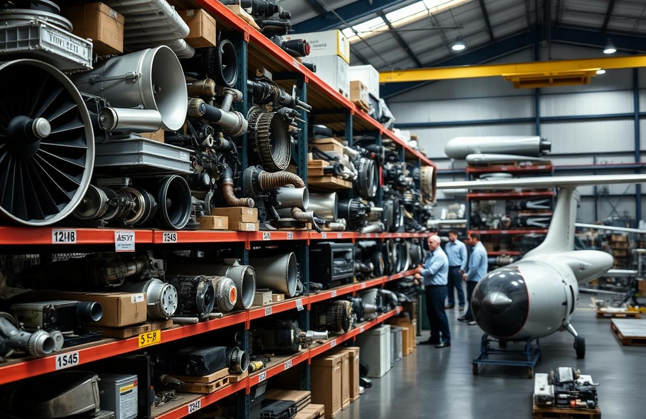 Aircraft and helicopter spare parts in a Runway Services MRO warehouse in Oman