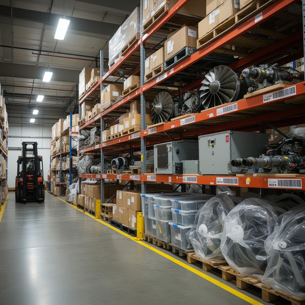 Aircraft and helicopter spare parts in a Runway Services MRO warehouse in Oman