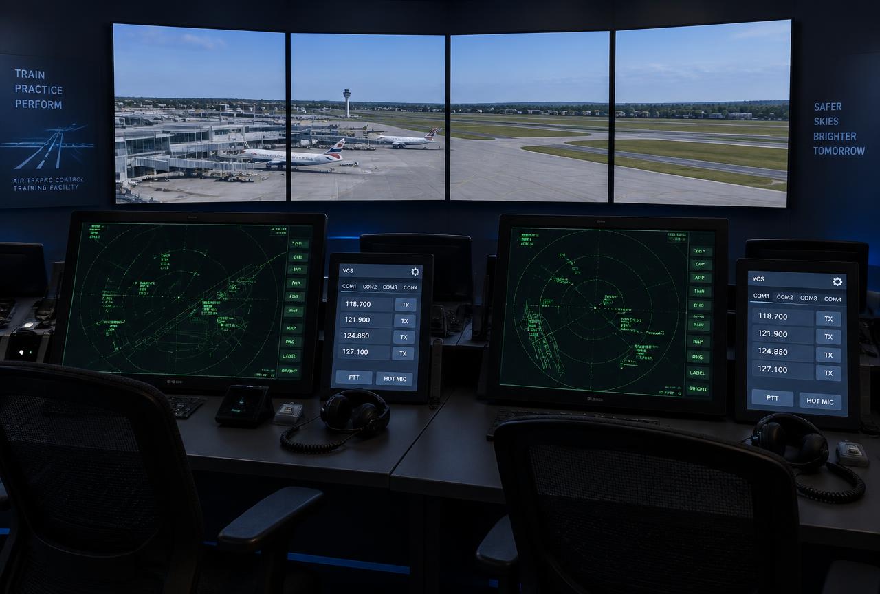 Air traffic control simulator training room with radar displays and 3D tower visualization screens