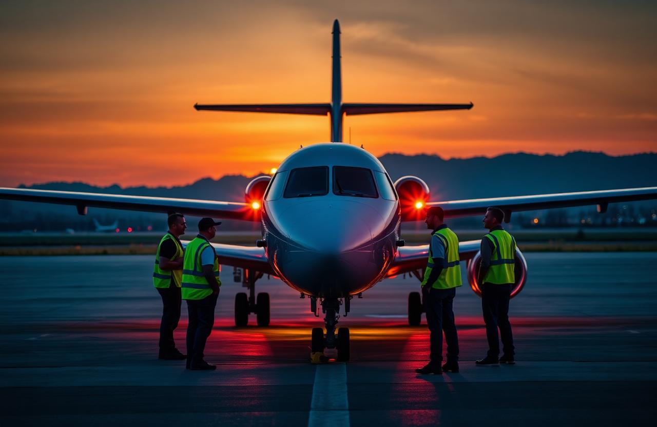 Aviation safety crew inspecting aircraft on runway at sunset