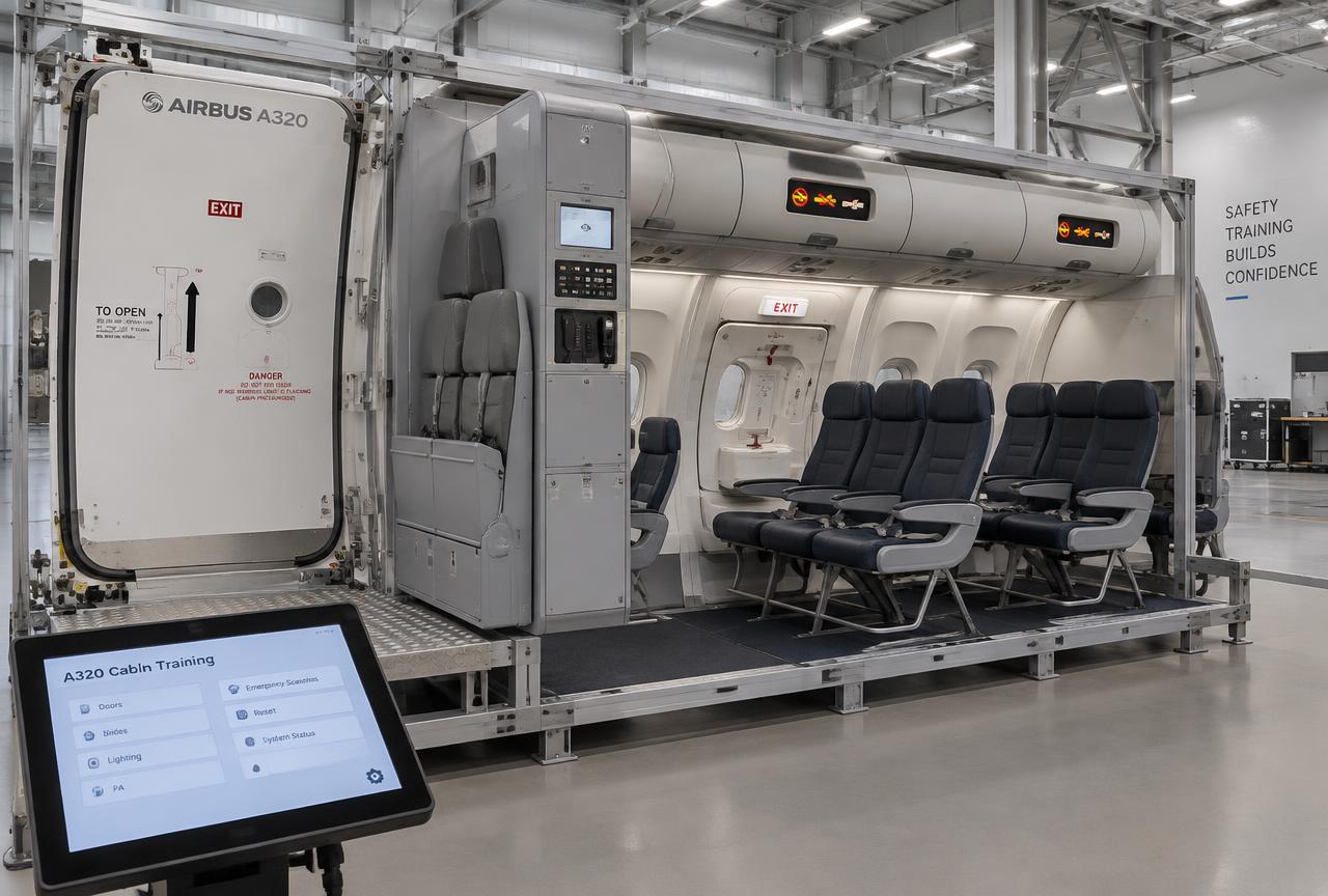 Airbus A320 cabin crew door trainer mockup with attendant seat, over wing exit and passenger rows