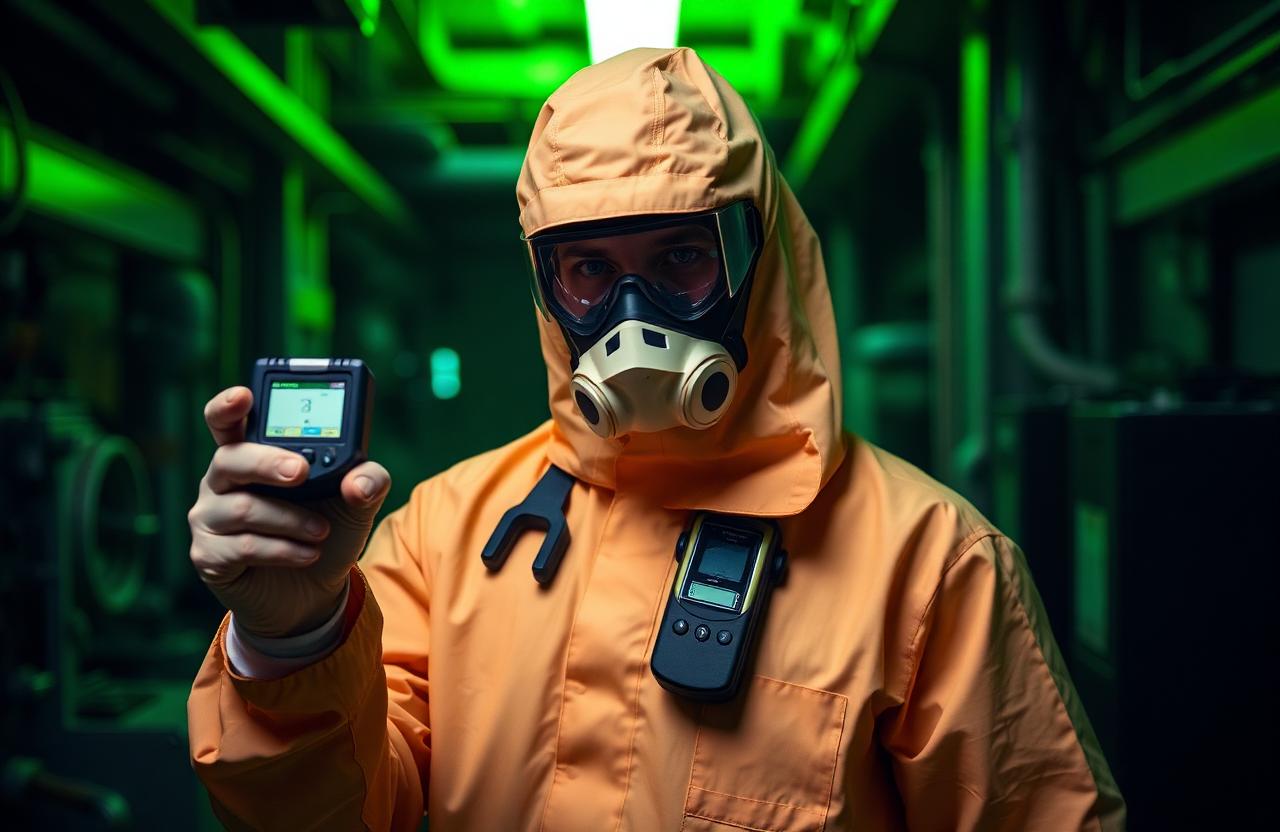 Radiation safety specialist in protective hazmat suit holding detection equipment
