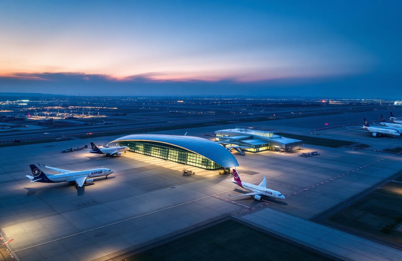 Aerial view of Muscat international airport at blue hour